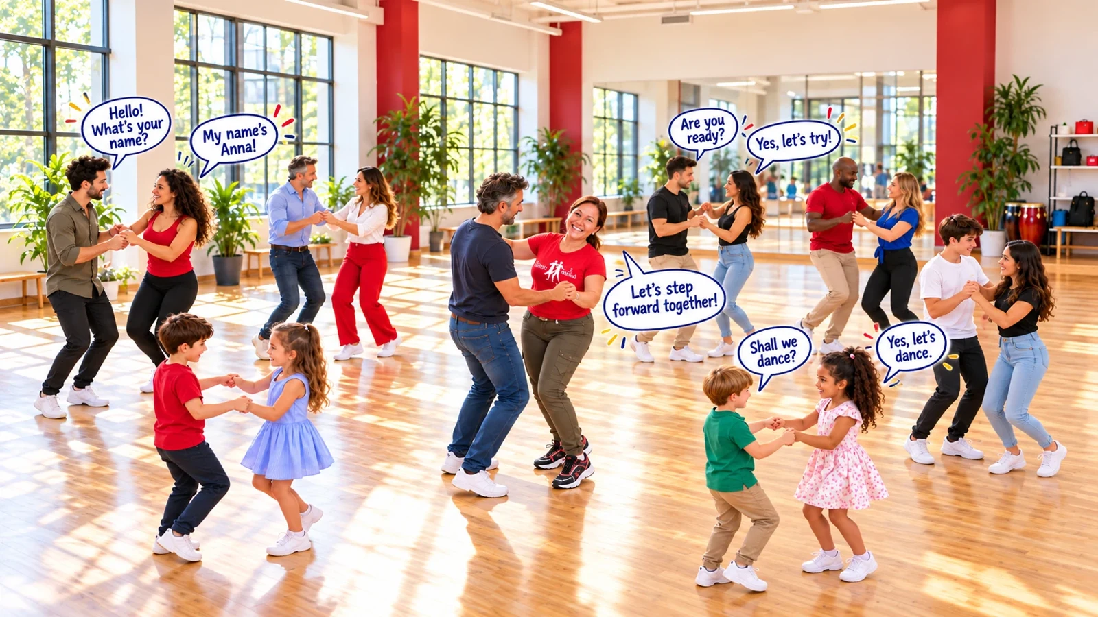Divina con adulti e bambini che comunicano in inglese attraverso il ballo e il movimento
